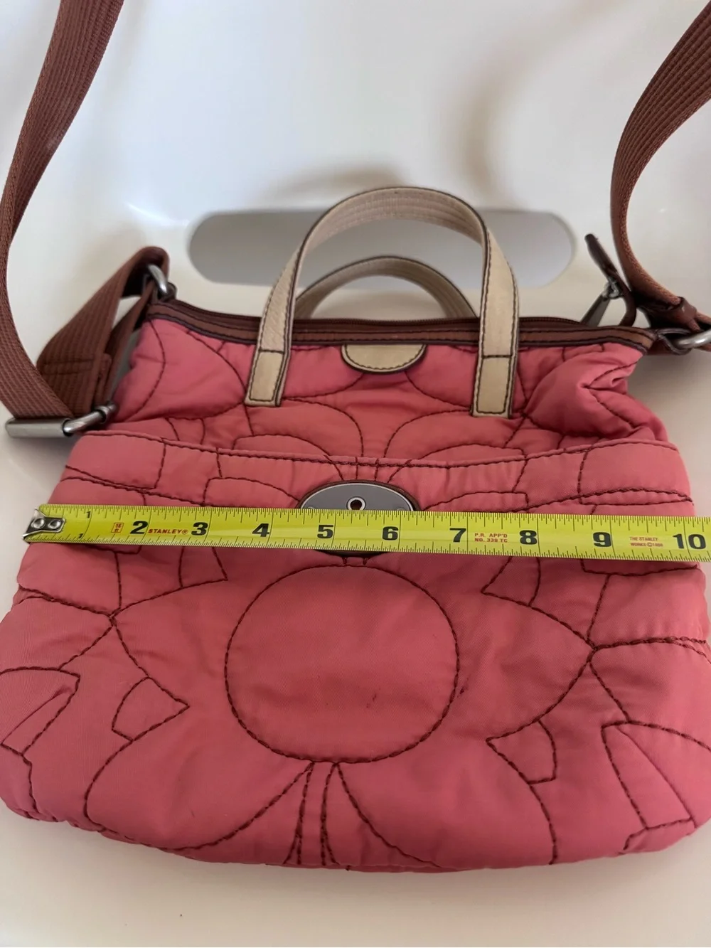 Fossil Key-Per Coral Pink Quilted Crossbody Satchel Tote Y2K Boho Floral Bag